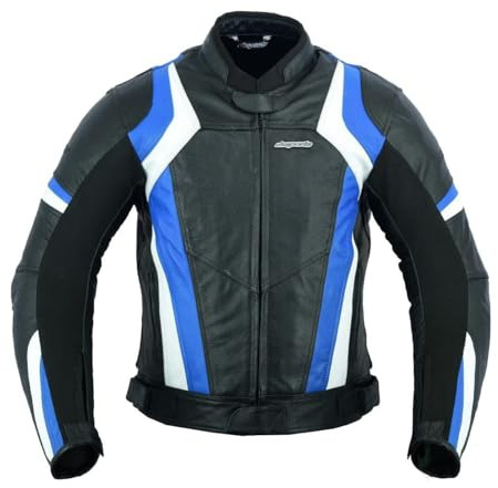 RKsports Mens Blue Speed 7 biker Leather Motorcycle Armoured Jacket (UK, Alpha, 6XL, Regular, Regular, blue)