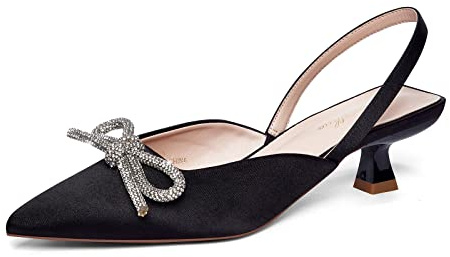 GENSHUO Slingback-Pumps mit Strasssteinen und Schleife für Damen, geschlossener spitzer Zehenbereich, Hochzeits- und Brautschuhe, 36-42 EU