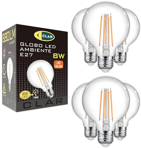 CLAR – Große LED-Kugellampe E27, 8 W, mit Glühfaden, Vintage, Globus-Leuchtmittel E27 (Pack 6 Stück)