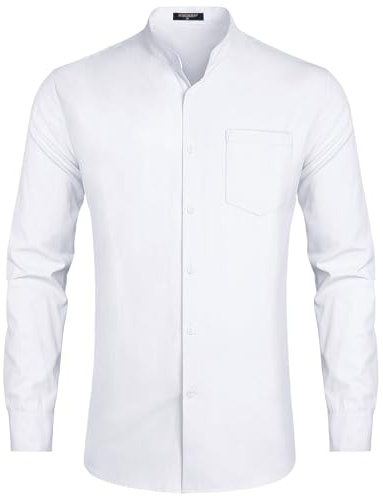 HISDERN Men's White Grandad Collar Shirts for Adults, Long Sleeve, Band Collar, Button-Down, Chest Pocket, XL