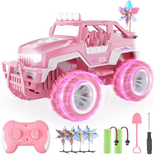 BEZGAR Ferngesteuertes Auto Mädchen Rosa Jeep - 1:16 SUV Off-Road Auto mit 4 Windmühlen, 80 Min. Spielzeit, LED-Leuchten, 2,4 GHz Monster Trucks, Spielzeugauto Geschenke für Kinder, ab 3–12 Jahren