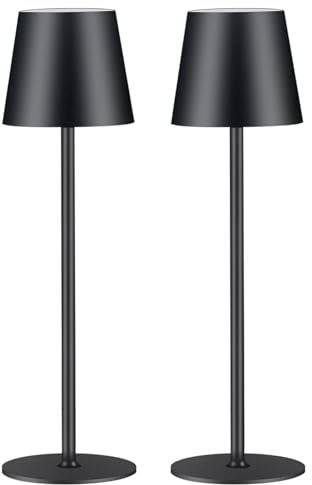 2 Stück LED Dimmbare Akku Tischlampe Kabellose, Wiederaufladbar Warme Lichtfarbe 3000K Tischleuchte Für Innen und Aussen mit USB-C, Aluminium, IP54 Wasserdichte, Schwarz (black)