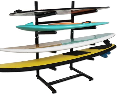 LINGVUM Freistehendes Surfbrett-Regal, Surfbrett-Ständer, Aufbewahrung & Display für drinnen, draußen, Garage, Geschäft, werkzeuglose Montage (passend für 4 Boards)
