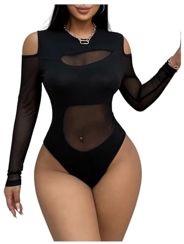 WDIRARA Women's Cold Shoulder Long Sleeve Bodysuit Sheer Mesh Jumpsuit Sexy Leotard Tops Black Medium