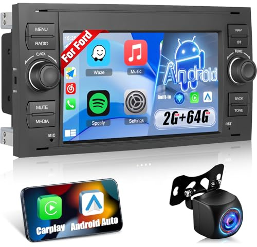 Radio Coche para Ford Transit Fiesta Focus Galaxy Mondeo Fusion Kuga C-MAX | 2G+64G Android Radio Pantalla Táctil con Wireless Carplay y Android Auto/GPS/WiFi/Bluetooth/EQ/FM RDS