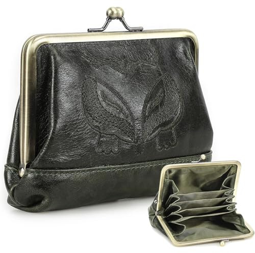 CONTACTS Cartera de beso con cierre de presión de cuero para mujeres Damas Vintage Porta tarjetas pequeño y lindo Monedero de cambio, verde oscuro, Estilo vintage