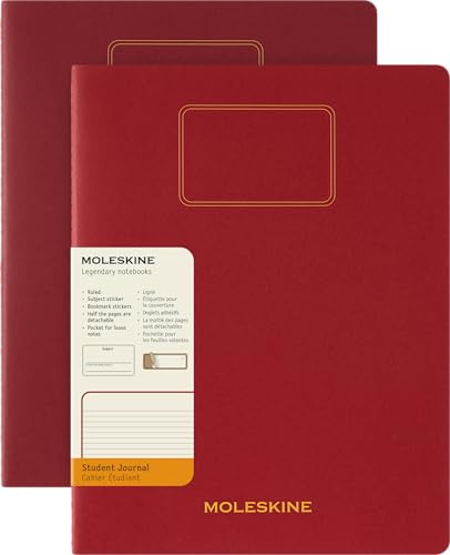 Moleskine Student Cahier Journal, uppsättning med 2 randiga anteckningsböcker med utskjutbara sidor, kartongskydd och klistermärken, röd, XXL-format 21,6 x 27,9 cm