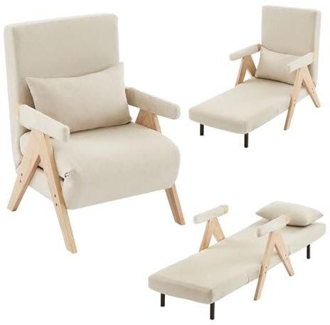 Billg Sofá Cama Individual 3 en 1, Sillón Cama Convertible 1 Plaza con Cojín y 5 Posiciones Respaldo Ajustable, Apoyabrazos y Patas de Madera Maciza, Sofá Cama Plegable para Sala, Dormitorio (Lino)