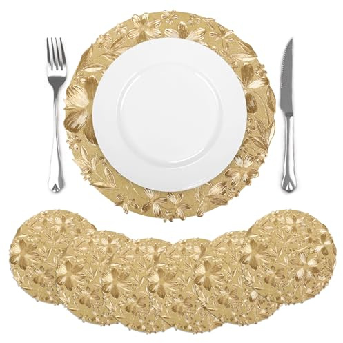 comfoyar Set di 6 Tovagliette Americane Oro 3D Floreale Rotondo, Antiscivolo in Vinile Tovagliette Americane lavabili e Impermeabili per Cucina Decorazione, Tavola di Feste e Pranzi 38x38cm