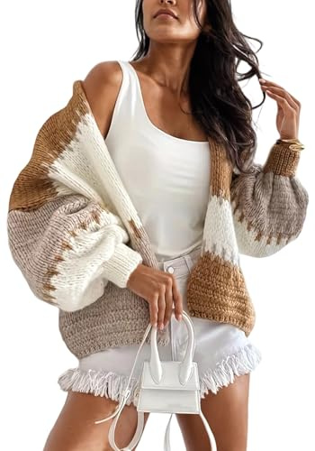 LKOUS Women's Color Block Open Front Long Sleeve Chunky Knit Cardigan Sweaters Winter Clothing Outerwear Coats Khaki