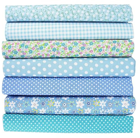 LUMOOM 7 Stück Baumwollstoff Stoffpaket 50 x 50 cm, Stoffe zum Nähen, Patchwork Stoffe, Florale Muster, DIY Stoff für Basteln, Quilten, Handwerken (Blau)