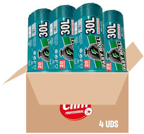Clim Profesional 80 Bolsas Basura Fast Roll 30L Verde Agua Perfumadas | 4 Rollos de 20uds, 60x60cm, Galga 130, Autocierre, Antigoteo, Hecho en España