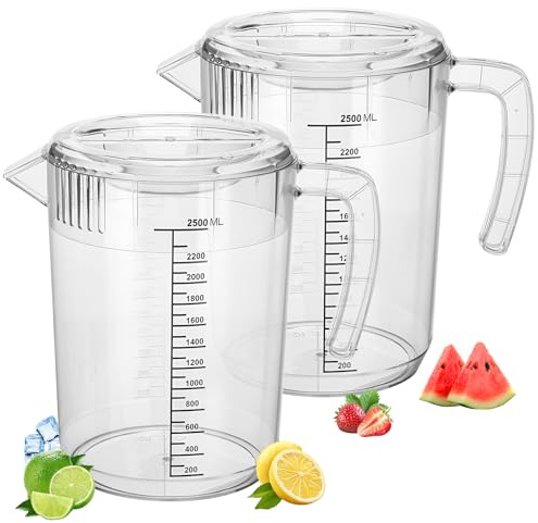 saerryor 2 Pack Plastic Jugs with Lid, 2.5 Litre Clear Water Pitcher Jug | with Scale and Handle, Unbreakable Beverage Pitchers Fridge Jugs for Milk Juice Iced Tea Lemonade