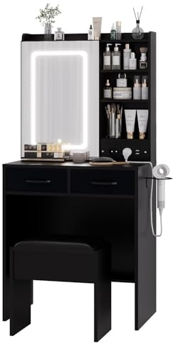 GarveeMore Moderner Schminktisch mit Spiegel, Viel Stauraum, Gepolsterter Hocker, Frisiertisch für Schlafzimmer, 57 × 24 × 137 cm, Schwarz