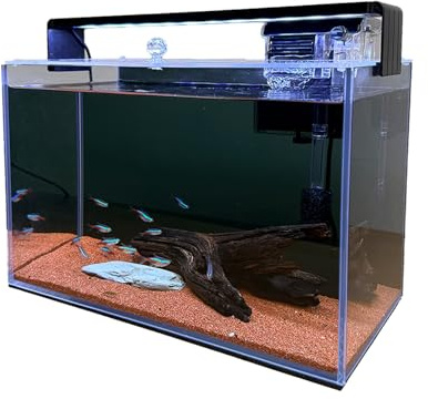 SMTAQX 3.2 Gallon Fish Tank,Nano Nature Aquarium Kit,Small Starter Kit,Ultra-Clear Rimless Desktop Small Aquarium with Filter,Light,Rainforest Sand,Rock for Betta,Shrimp,Goldfish. Black Glass