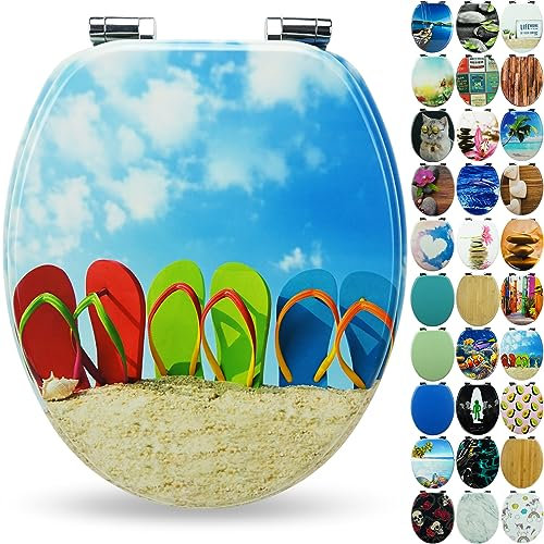 Sanfino® Premium Toilet Seat with Soft Close - Wooden Toilet Lid, Lots of Colourful and Decorative Designs, high Seating Comfort, Easy to Install Including Instructions - Flip Flop