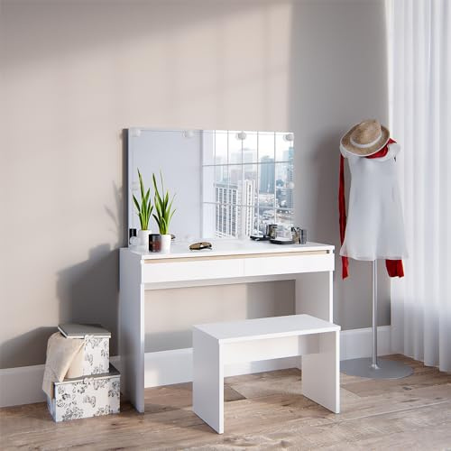 Vicco Schminktisch mit LED Beleuchtung und Bank Weiß Emma 120x83x41.8 cm - Frisiertisch, Viel Platz auf und unter der Tischplatte für kleine Gegenstände