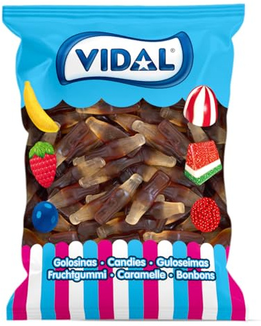 Vidal Golosinas. Botellas Cola brillo. Golosina con forma de botella sabor cola y color marrón. Bolsa 1 kg.