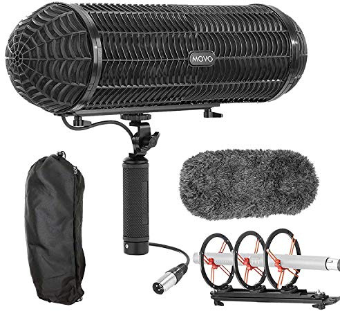 Movo BWS1000 Blimp Microphone Windshield Mount and Vibration Protection System for Shotgun Microphones - Features 12-point Internal Shock Mount, Integrated XLR Cable, Deadcat Windscreen, Grip Handle