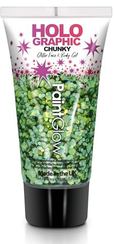 Chunky Cosmetic Glitter gels 50ml for face, Body & Hair from PaintGlow (Vegan) (Green Envy)