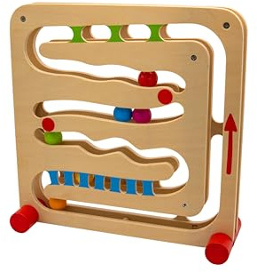 goki 53819 - Kugelbahn mit Fingerfahrstuhl, Innovatives Holzspielzeug mit motorischem Lerneffekt, 6 Kugeln, 30x30x10cm, Natur, ab 2 Jahre