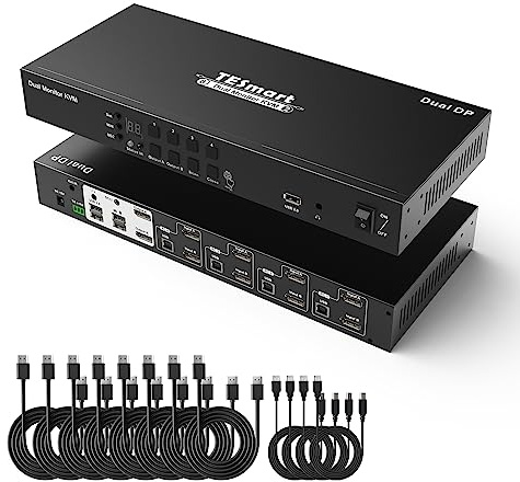 TESmart 4K@60Hz DisplayPort KVM Switch 4 PC 2 Moniteurs, Commutateur KVM 2 écrans avec émulateurs EDID, DCCI, sortie audio G/D, USB 2.0, commutateur à touches de raccourci, avec câble d'entrée