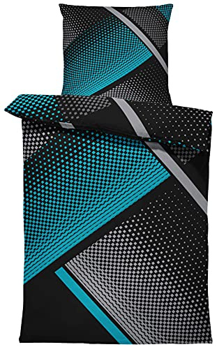 Bettwäsche 135x200 cm geometrisch grafisch Petrol grau schwarz modern Microfaser