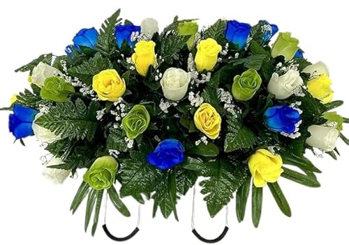 Cemetery Headstone Saddle Flowers for Grave Decoration, Blue, Green, and Yellow Roses with baby's Breath, Sympathy Memorial Arrangement