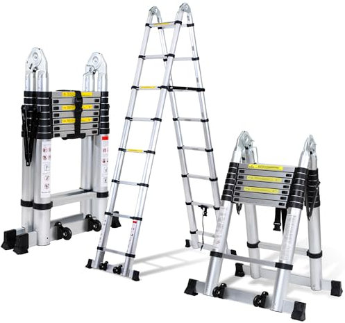 Teleskopleiter Klappleiter Aluminium, Jopassy 5M Ausziehbare Leiter, Rutschfester Aluleiter Stehleiter Mehrzweckleiter Aluminiumleiter, Teleskop Ausziehleiter 150 kg Belastbarkeit