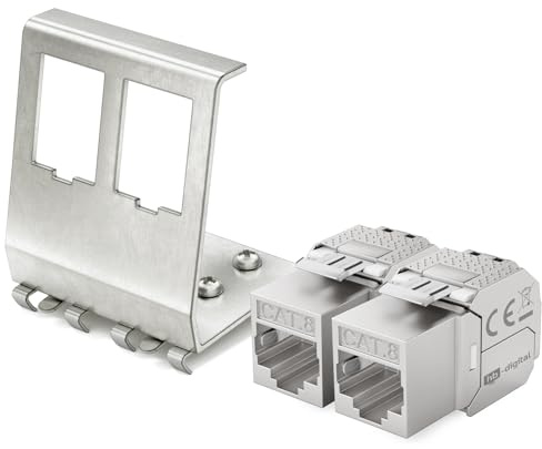 hb-digital Set: 2X CAT.8 Keystone RJ45 Modul + 1x Hutschienenadapter Metall Keystone-Halterung für Hutschiene 35mm Standard | RJ45-Jack geschirmt Edelstahl LSA Montage Ethernet LAN Netzwerk Switch