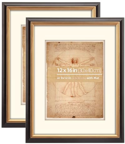 Eitida Vintage Bilderrahmen 30x40 cm aus Holz, 2er Pack Schwarz & Gold, mit Passepartout 23x30cm, für Fotos & Kunst, Horizontal/Vertikal,Retro Design mit Gold-Innenrahmen