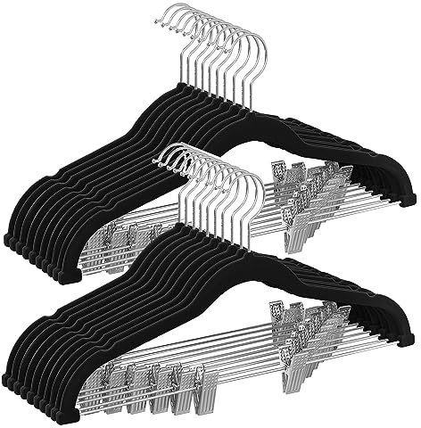 SONGMICS Trouser Hangers, Set of 20 Velvet Hangers with Adjustable Clips, 42.5 cm Long, Non-Slip, Space-Saving, for Skirts, Coats, Dresses, Black CRF012B20