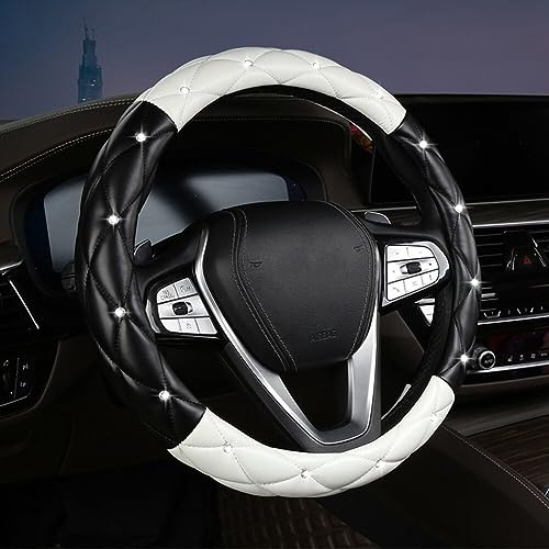 Bling Diamant Strass Auto Lenkradbezug,38CM / 15'' Leder Lenkradabdeckung Anti Rutsch Lenkradhülle Atmungsaktiv Lenkradschutz Lenkradschoner Glitzer Autozubehör für Männer Damen,Weiße Schwarz