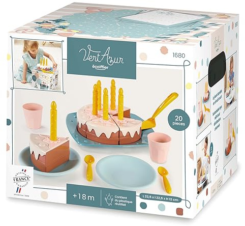Juguetes Ecoiffier 1680 - Pastel de cumpleaños - Verde Azul - Imitaciones de Alimentos para Niños - A Partir de 18 Meses - Fabricado en Francia
