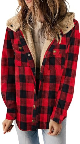 GUNEST [Mise à jour avec poches] Veste polaire à carreaux à manches longues boutonnée à capuche pour femme Manteau chaud pour l'hiver et l'automne