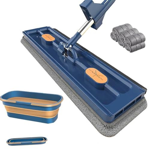 Trapeador plano grande con escurrido automático, cabezal de trapeador con rotación libre de 360°, uso en seco y húmedo, juego de cubo y trapeador para limpieza de pisos,Blue Bucket+blue Mop +6 Rag