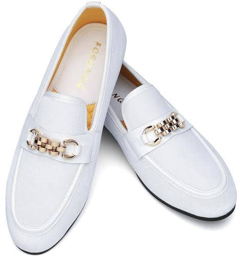 Men's Velvet Loafers, White Mens Dress Shoes Slip-On Slippers & Gold Chain