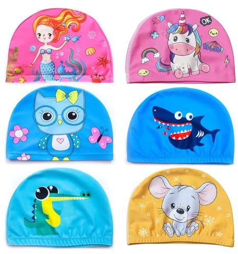 Saijer Gorro Piscina Niño, 6 Piezas Gorro Natacion Niña Niño Gorros Natación de Niños Lindos Dibujos Animados Gorro Piscina Bebe Gorro de Baño de Poliéster Elástico para Cabello Largo Corto Unicornio
