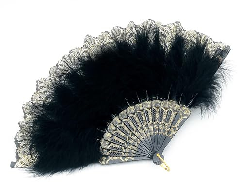 AQSQWQ Damen Fächer Feder, Federfächer, Feather Fan, Vintage Style Folding Handheld Feather Fan, Flapper-Handfächer für Kostüme, Halloween, Tanzen, Hochzeit, Party, Abschlussball, Teeparty – Schwarz