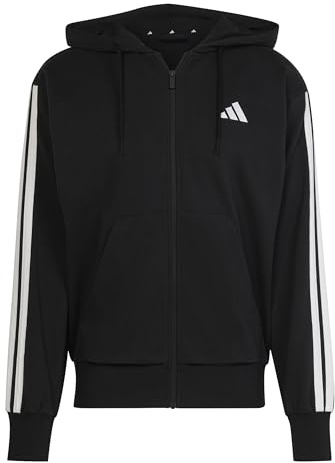 adidas herr Essential Three Stripes French Terry Fullzip Hoodie Sweatshirt, Black/White, M