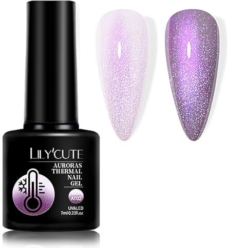 Colour Changing Gel Nail Polish - Shimmer Glitter Gel Nail Varnish - Thermal Temperature Change Purple to White UV Gel Nail Polish - Soak off Sparkly Reflective Glitter Gel Polish