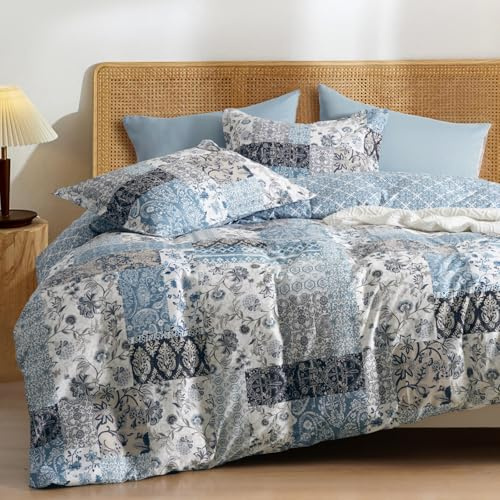 PHF Ultra Soft Floral Duvet Cover Queen Size, Printed boho Bedding Set 3 Pieces, Comfy Farmhouse Reversible Paisley Pattern Duvet Cover Set with 2 Pillow Shams, Zipper Closure and 8 Ties, 90x90,Blue