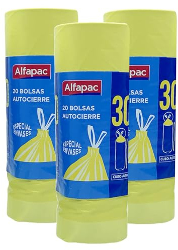 3 Rollen mit 20 Müllbeuteln (60 Beutel), selbstschließend, 30 l. Spezialkapazität für Behälter und große Eimer, 50 x 75 cm