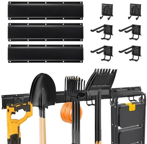 Garage Organization Garage Wall Organizer-Garage Tool Organizer Wall Mount 48in with Adjustable Metal Hooks,Max 440Lbs Yard Tool Organizer,Garden Tool Storage for Shovels Broom Folding Chair,Black
