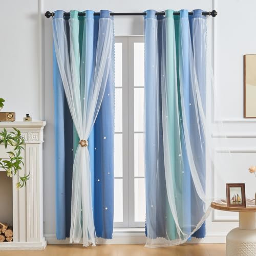 NETMEO Cortinas para Dormitorio Infantil, Cortinas de Estrellas para habitación de bebé, oscurecimiento de Ventana de habitación con temática de Unicornio (Azul Verde Gris, L132 × A213cm ×1P)