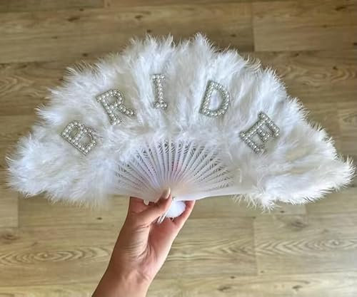 Bride MRS Feathered Hand Fan,Faux Pearl Design Light Folding Fan for Wedding Engagement Bridal Shower Gift,Vintage Feather Fan for Costume Party and Dancing Performance (White-Bride)