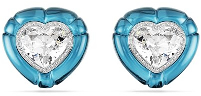 Swarovski Dulcis Ohrclips, Rhodinierte Clip-Ohrringe mit Je Einem Blauen Herz und Einem Klaren Kristallelement im Herzschliff, Eingerahmt von Klarem Pavé, Größe: 2.6 x 2.8 cm