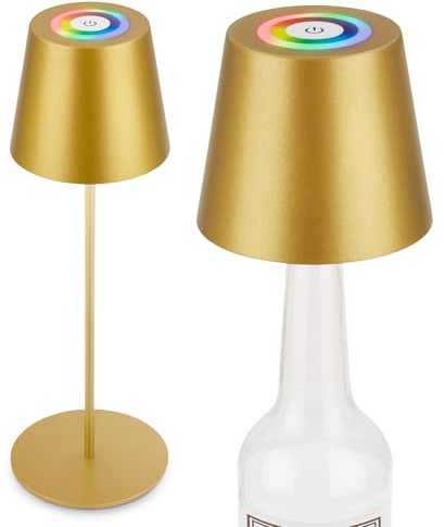 BRILONER - Lampada da tavolo 3 in 1 RGBW LED senza fili IP44 con touch, dimmerabile all'infinito, batteria ricaricabile e sorgente luminosa intercambiabile, color oro