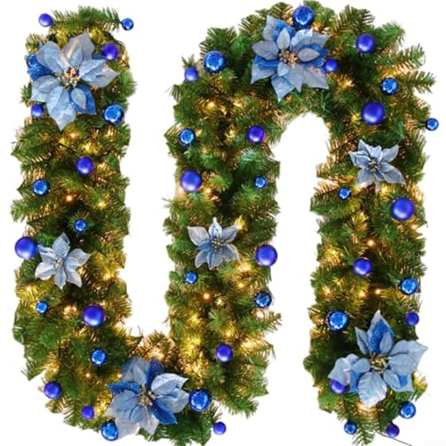 Gettimore Weihnachtsgirlande mit LED-Lichtern, 270 cm, künstlicher Rattan, Weihnachtskranz, hängende Girlande für Innenräume, Kamine, Treppen, Wandtürdekorationen (blau)