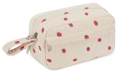 LOIDOU Federmäppchen für Mädchen, Groß, Niedlich, Schreibwarenbeutel, Bleistiftbeutel für Schule, Studium, Büro, Geschenk (Erdbeer Muster beige Basis)